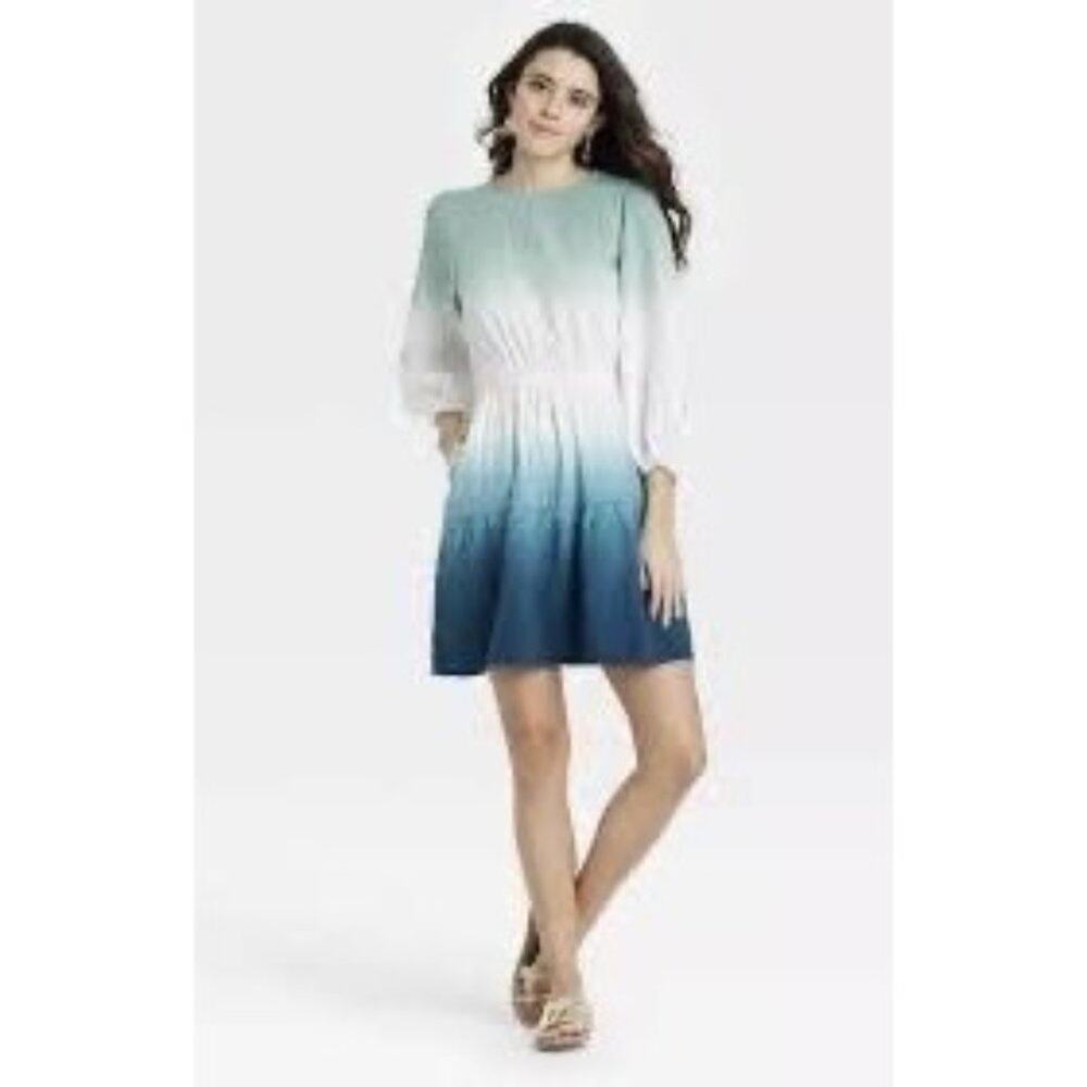Universal Thread Dress Size XS Blue Balloon Sleeve Tiered Gauzy Ombre Dip Dye